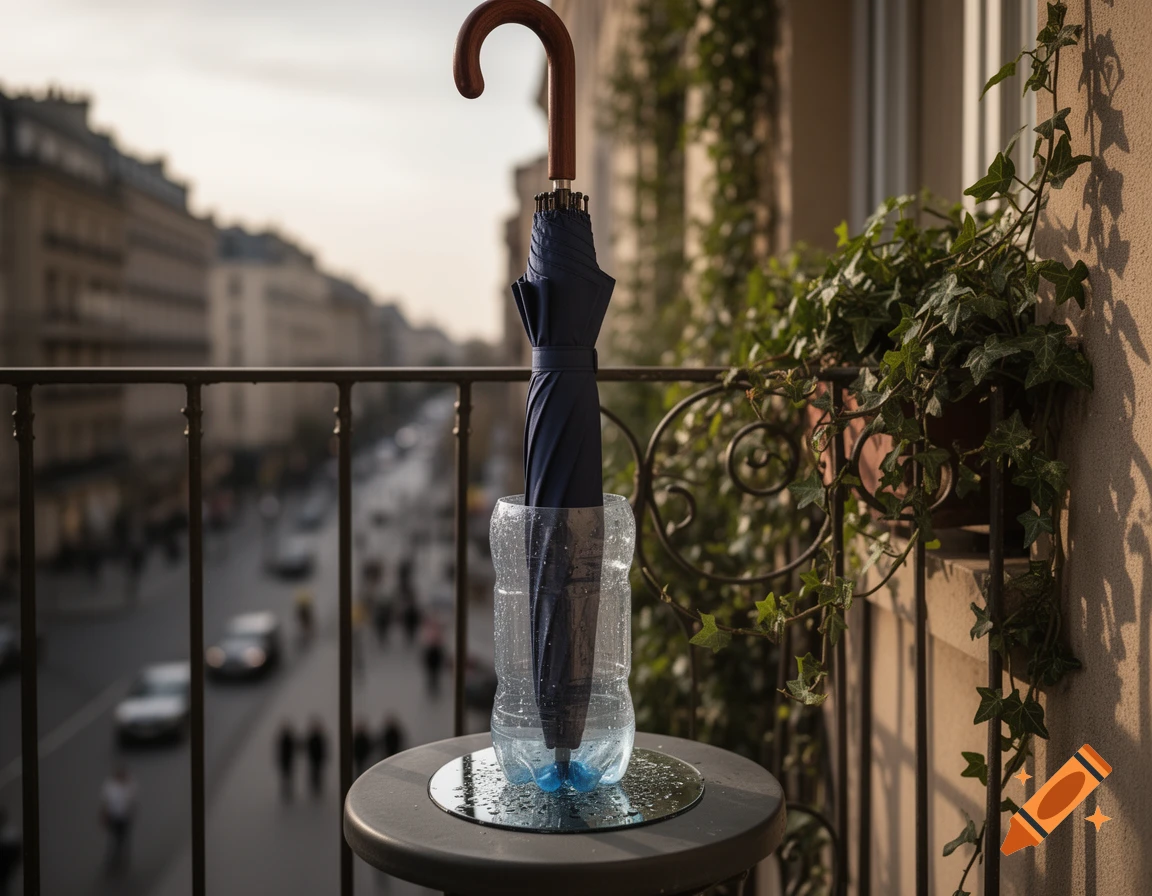 A closed dark blue umbrella with a wooden handle stands in a cut plastic bottle on a wet balcony table overlooking a blurred city street.