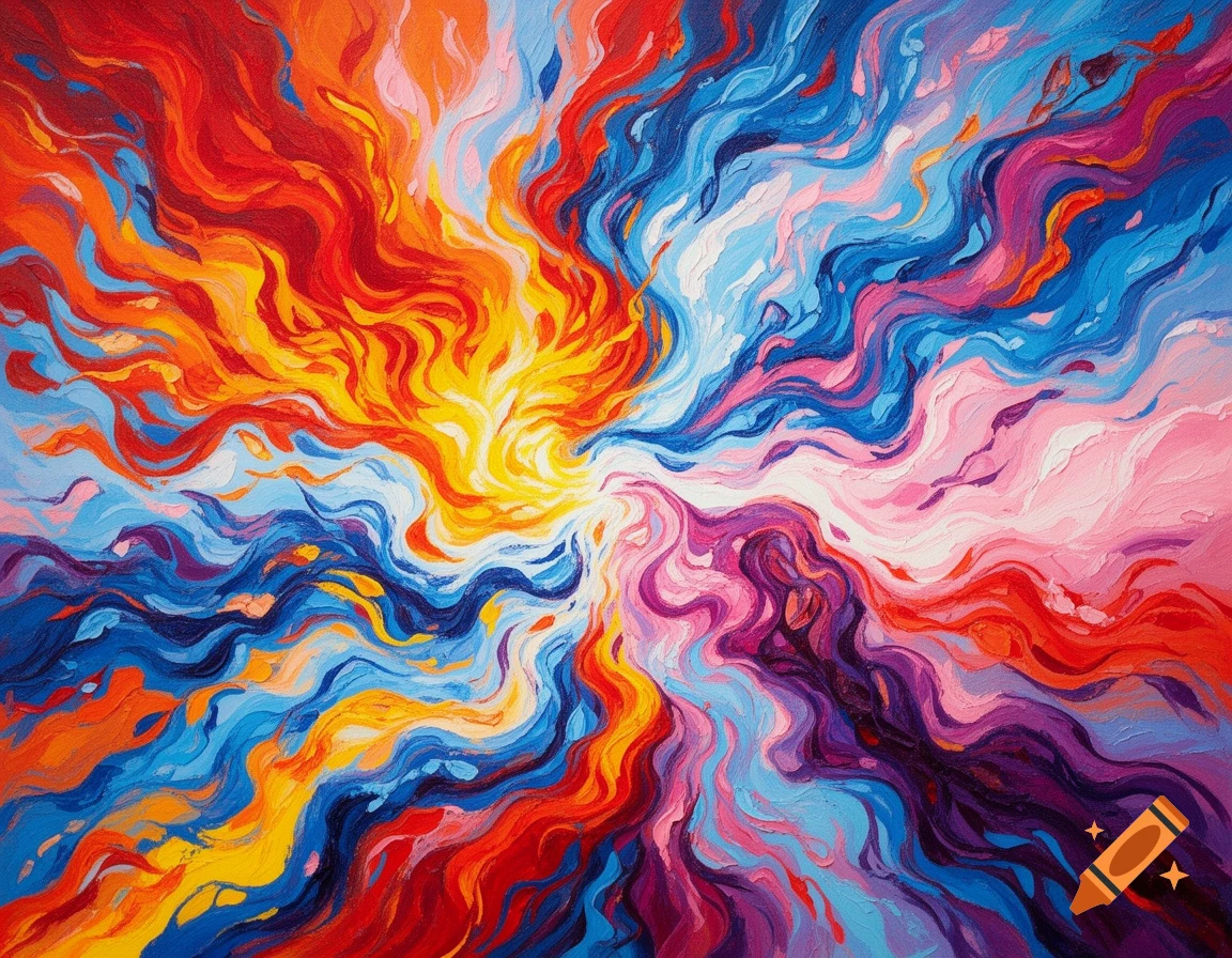 A vibrant abstract painting with an explosion of colors including reds, oranges, yellows, blues, pinks, and purples, swirling outwards from a bright center in thick, textured brushstrokes, evoking a sense of energy and emotion.