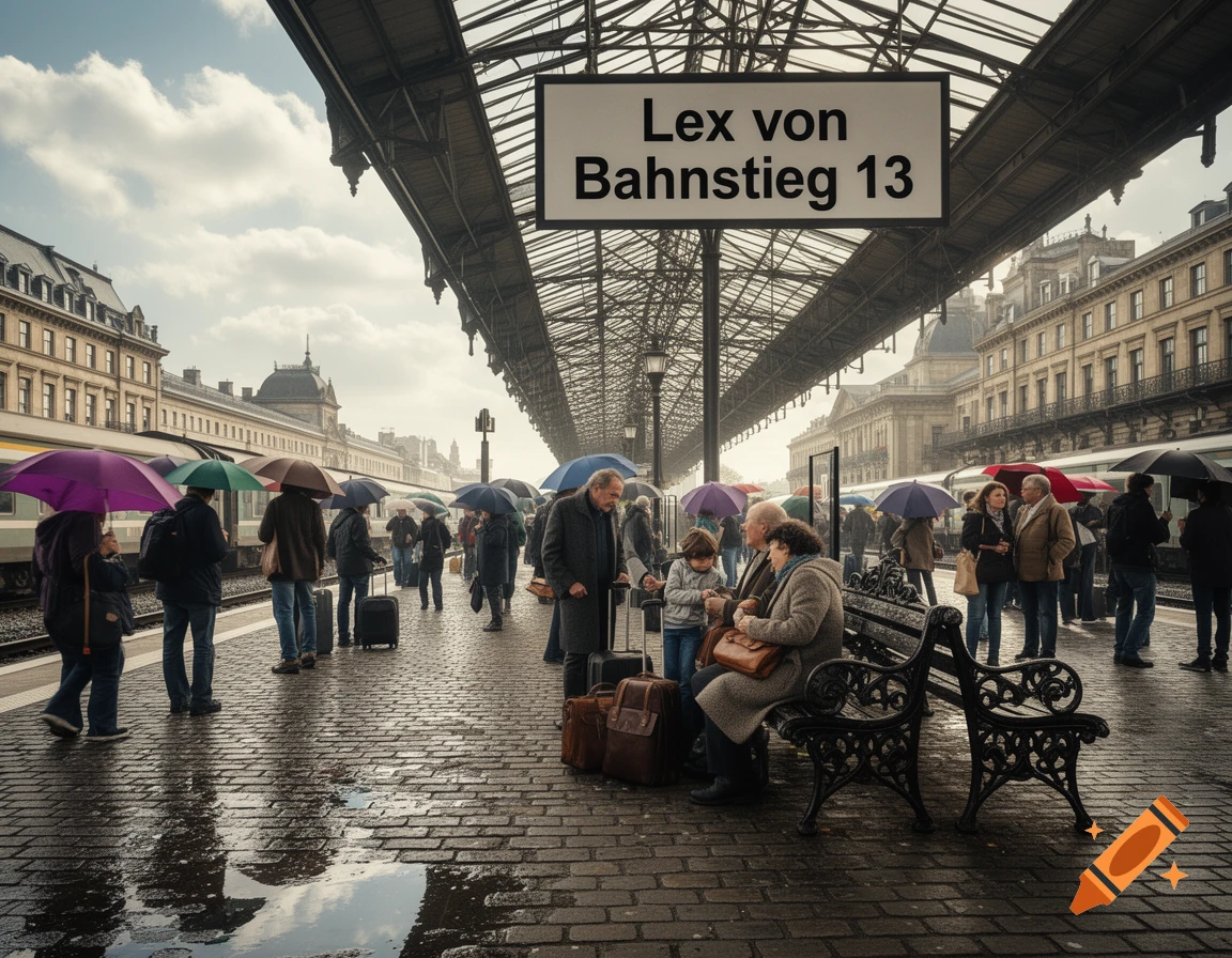 Busy train station platform in the rain, with people under colorful umbrellas, luggage, and a sign 'Lex von Bahnsteig 13'.