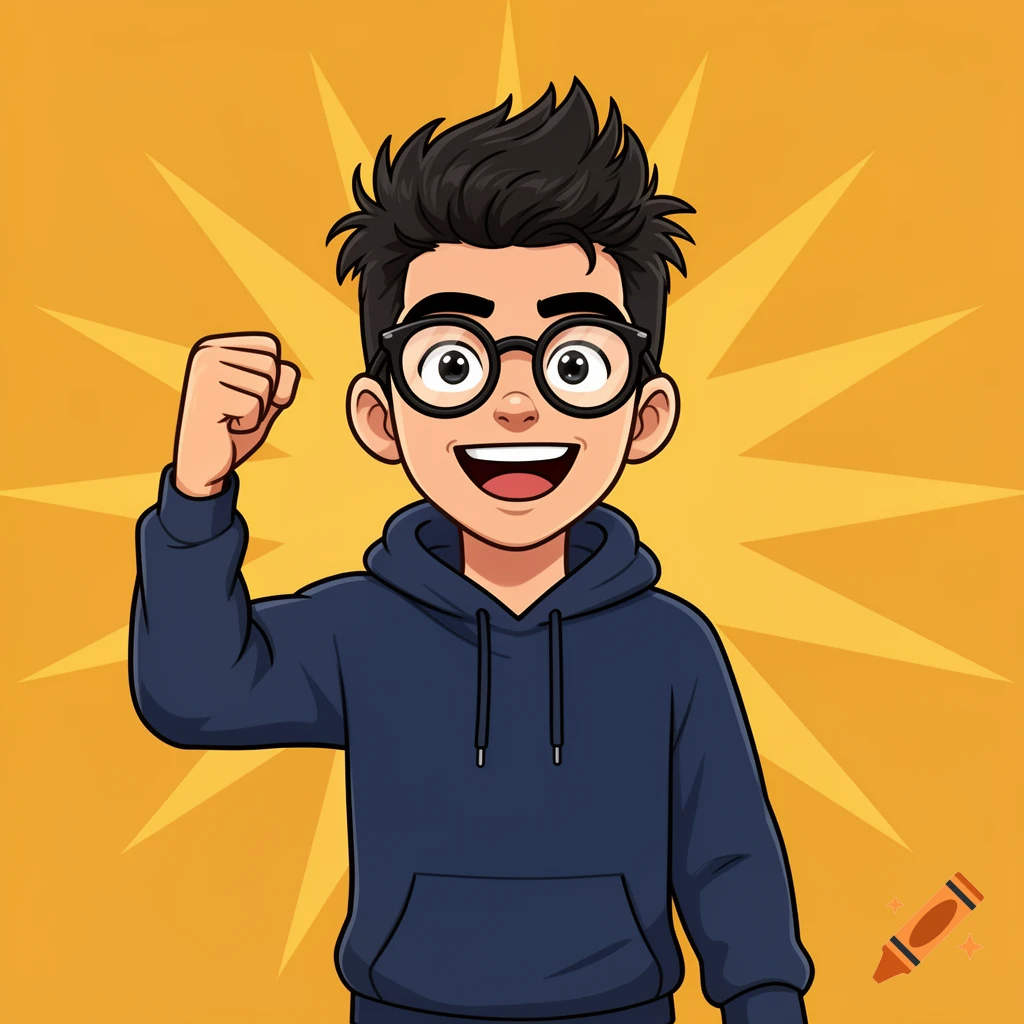 Cartoon young man with messy hair, glasses, blue hoodie, fist raised, on a yellow starburst background.