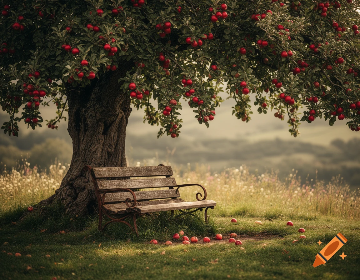A rustic wooden bench sits under a large apple tree laden with red apples, with some fallen on the green grass below.
