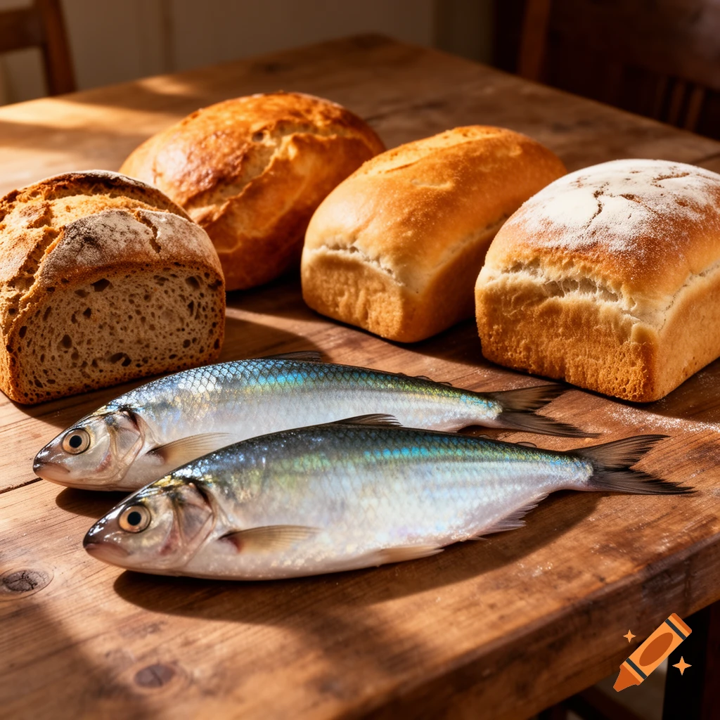 Photorealistic image of two fresh whole fish and four loaves of bread on a rustic wooden table.