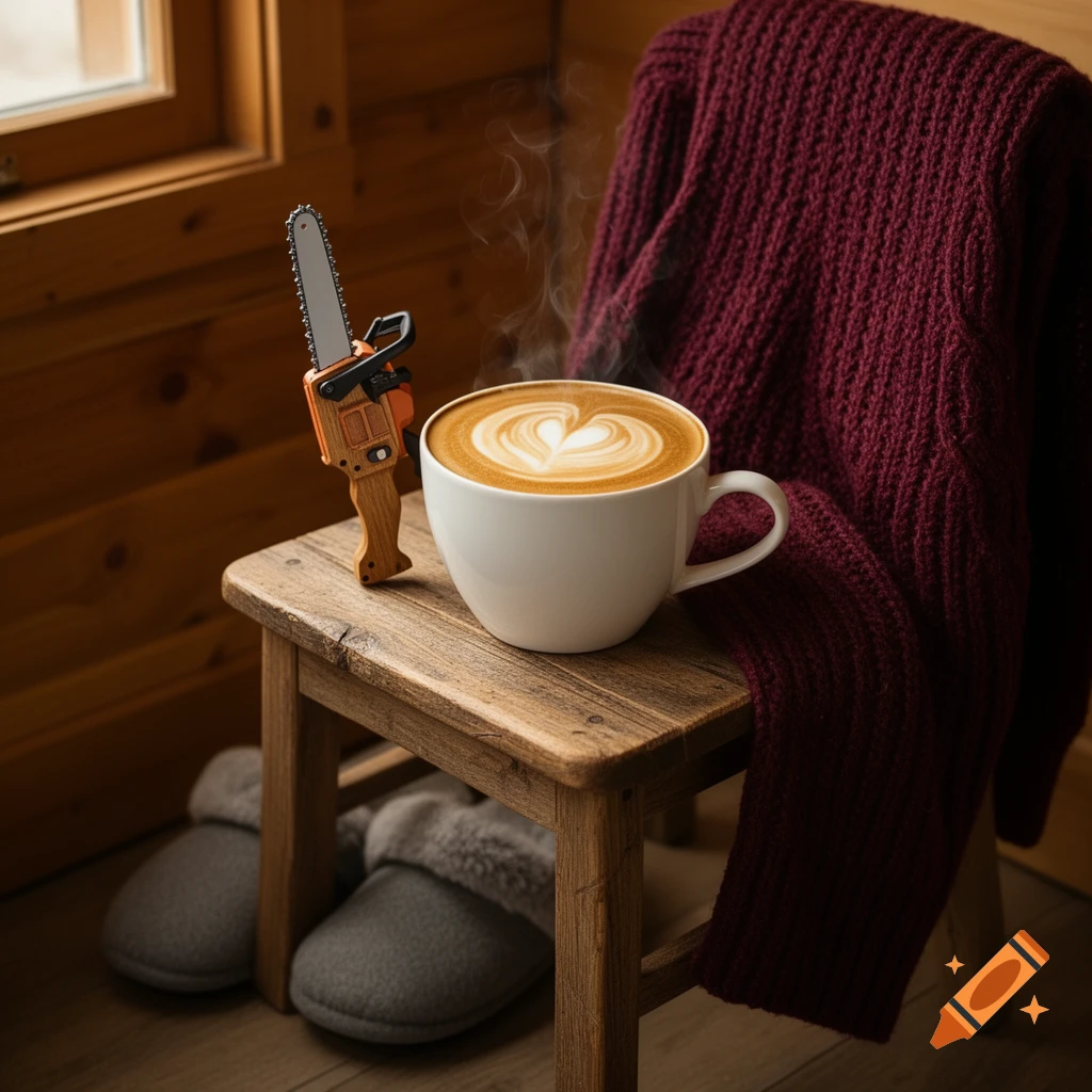 A white mug of steaming latte with heart art, a small chainsaw toy, a red knitted blanket, and gray slippers on a wooden stool.