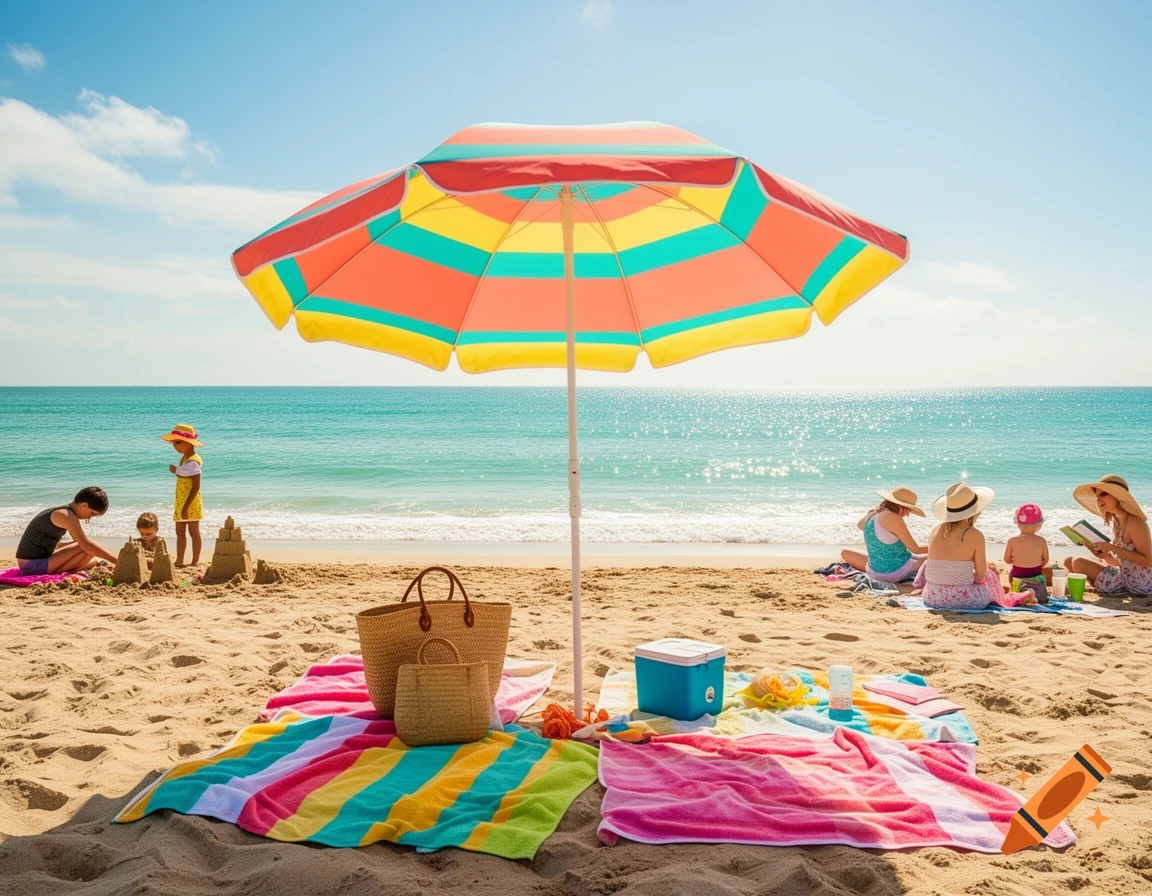 A vibrant sunny beach scene with families playing, building sandcastles, and relaxing under a striped umbrella.