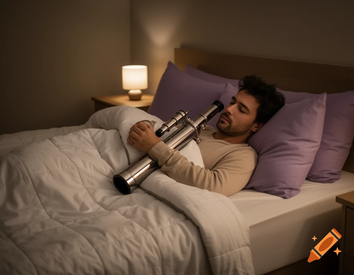 A man sleeps soundly in a cozy bed, cuddling a shiny telescope in a warm, dimly lit bedroom.
