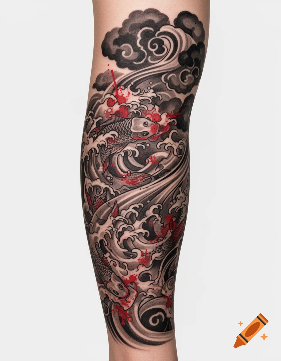 A detailed Japanese-style tattoo on a leg featuring black and grey koi fish, waves, and clouds with striking red accents.
