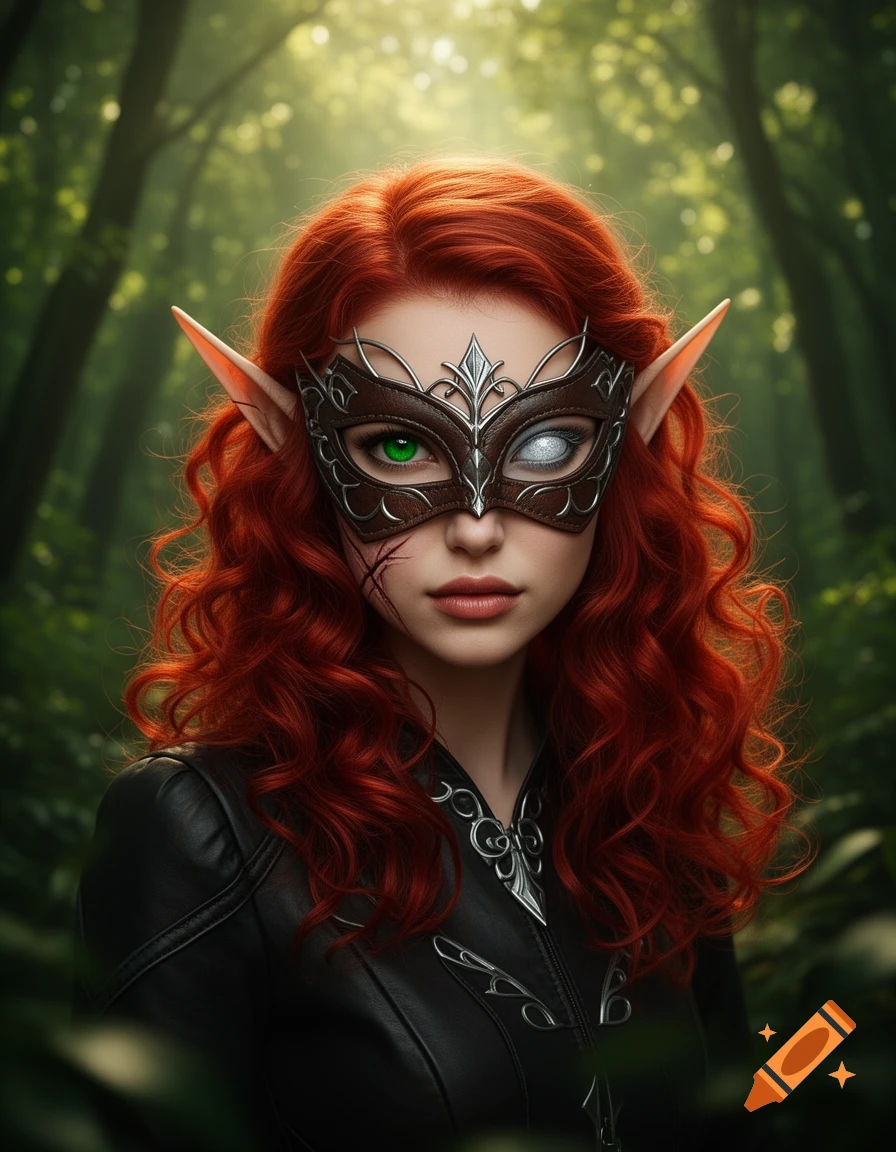 A red-haired female elf in an ornate leather mask with one green eye and one silver cat-eye, a scar beneath, in a forest.