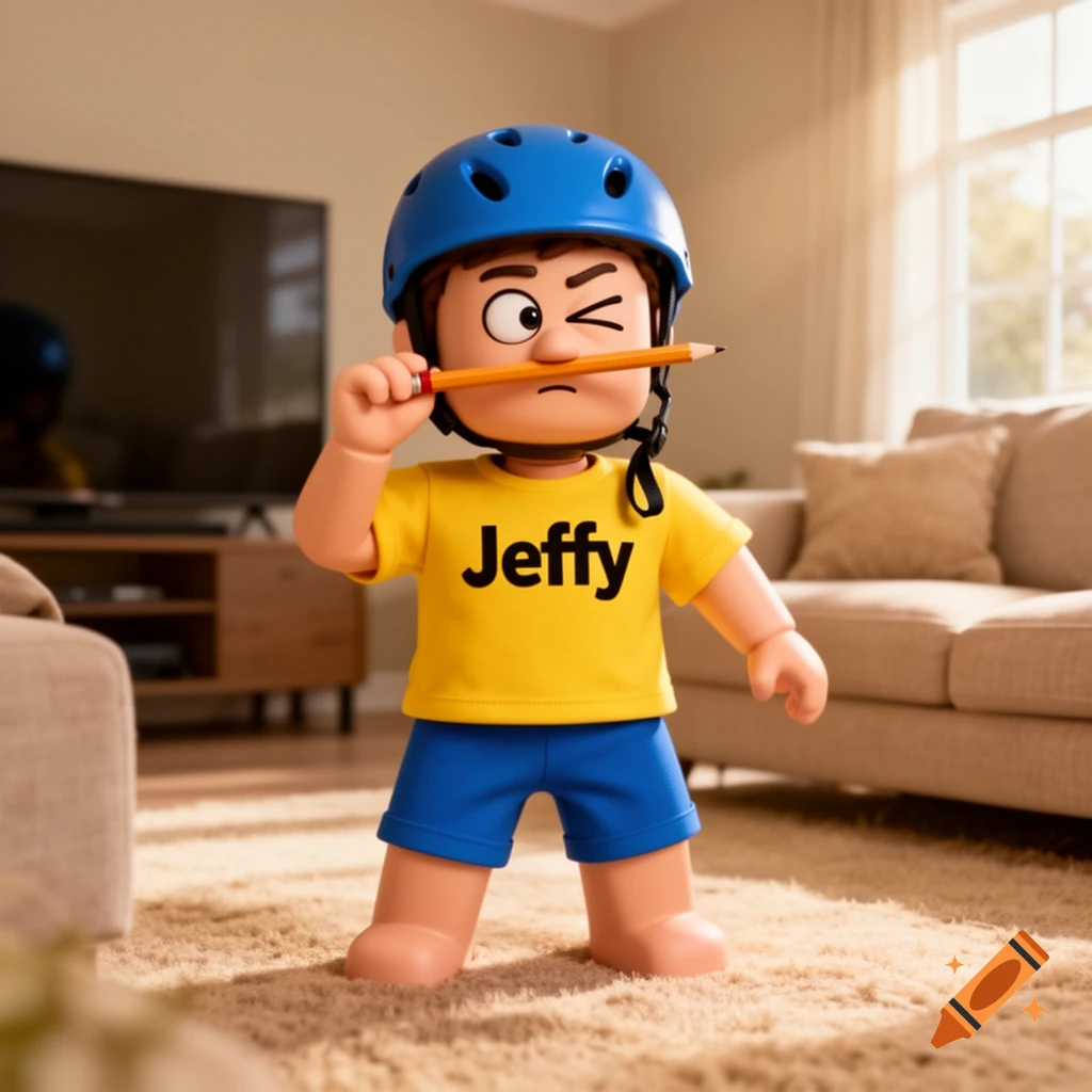 A stylized figure of Jeffy in a blue helmet and yellow shirt, winking while holding a pencil in his mouth, stands in a brightly lit living room.