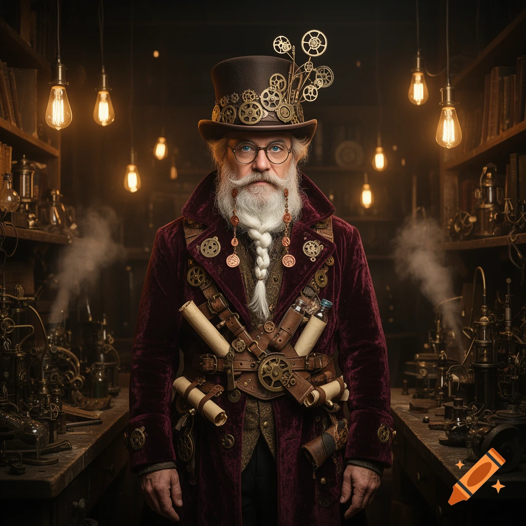 Photorealistic portrait of a steampunk wizard with a white beard, glasses, gear-adorned top hat, and burgundy coat in a dimly lit workshop.