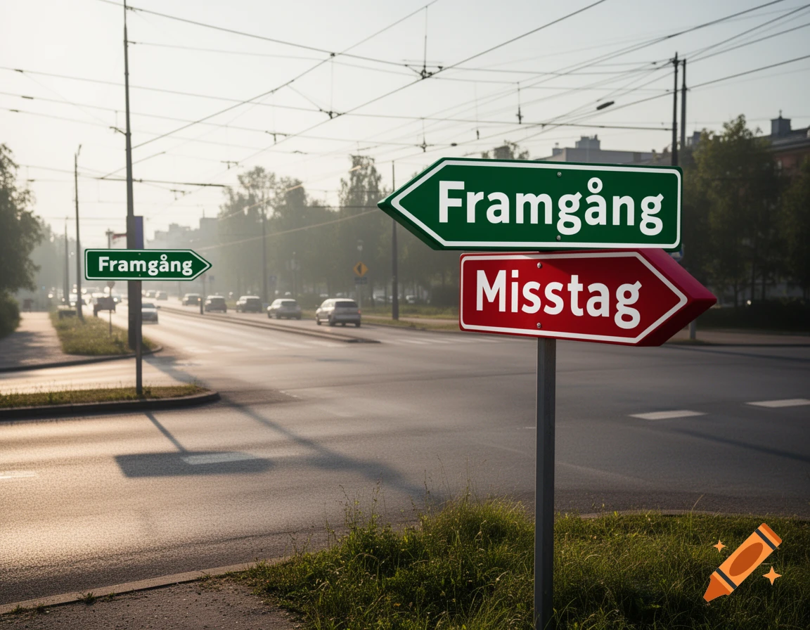 Street intersection with signpost. Green 'Framgång' (Success) points left, red 'Misstag' (Mistake) points right. Another 'Framgång' sign in background.