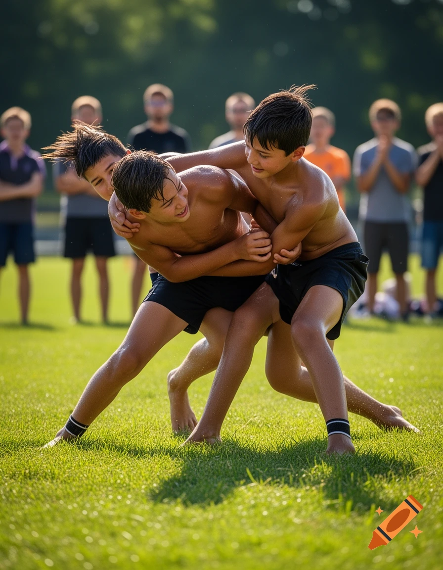Two shirtless boys wrestle intensely on a sunny green grass field, with blurred figures in the background.