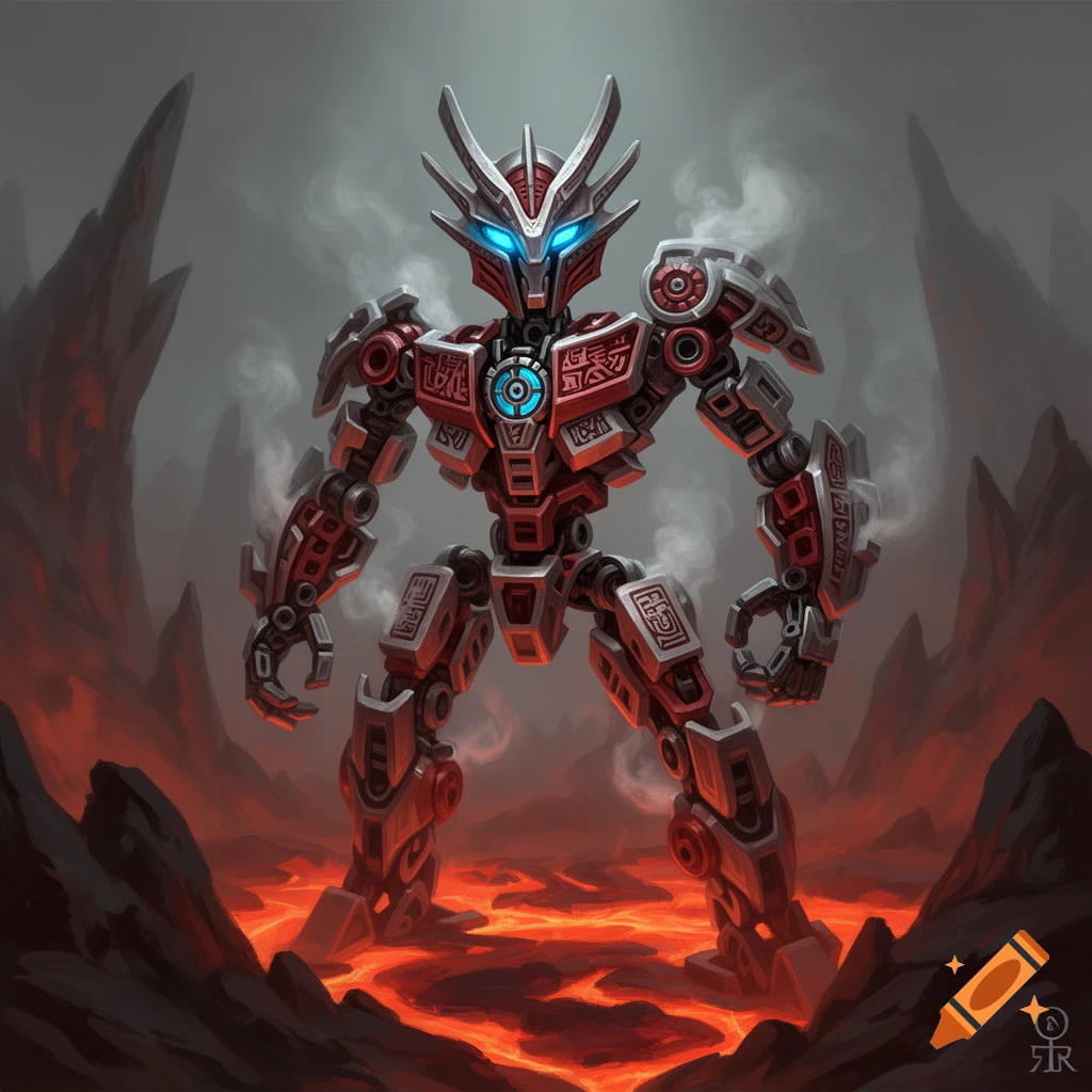 A red and grey robot with glowing blue eyes and intricate armor stands in a fiery volcanic landscape with smoke rising, in a digital painting style.