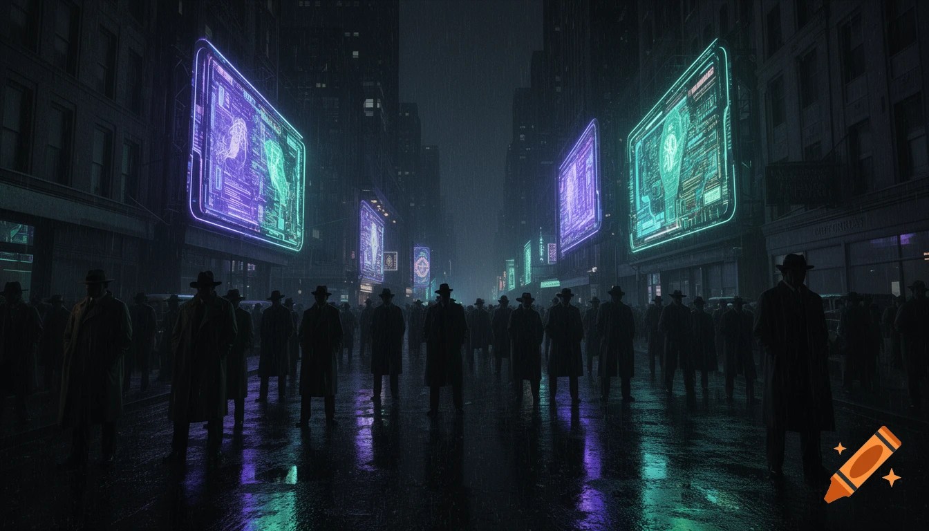A rain-slicked cyberpunk city street with silhouettes of people in trench coats and fedoras looking up at massive, flickering neon holographic billboards displaying abstract data.