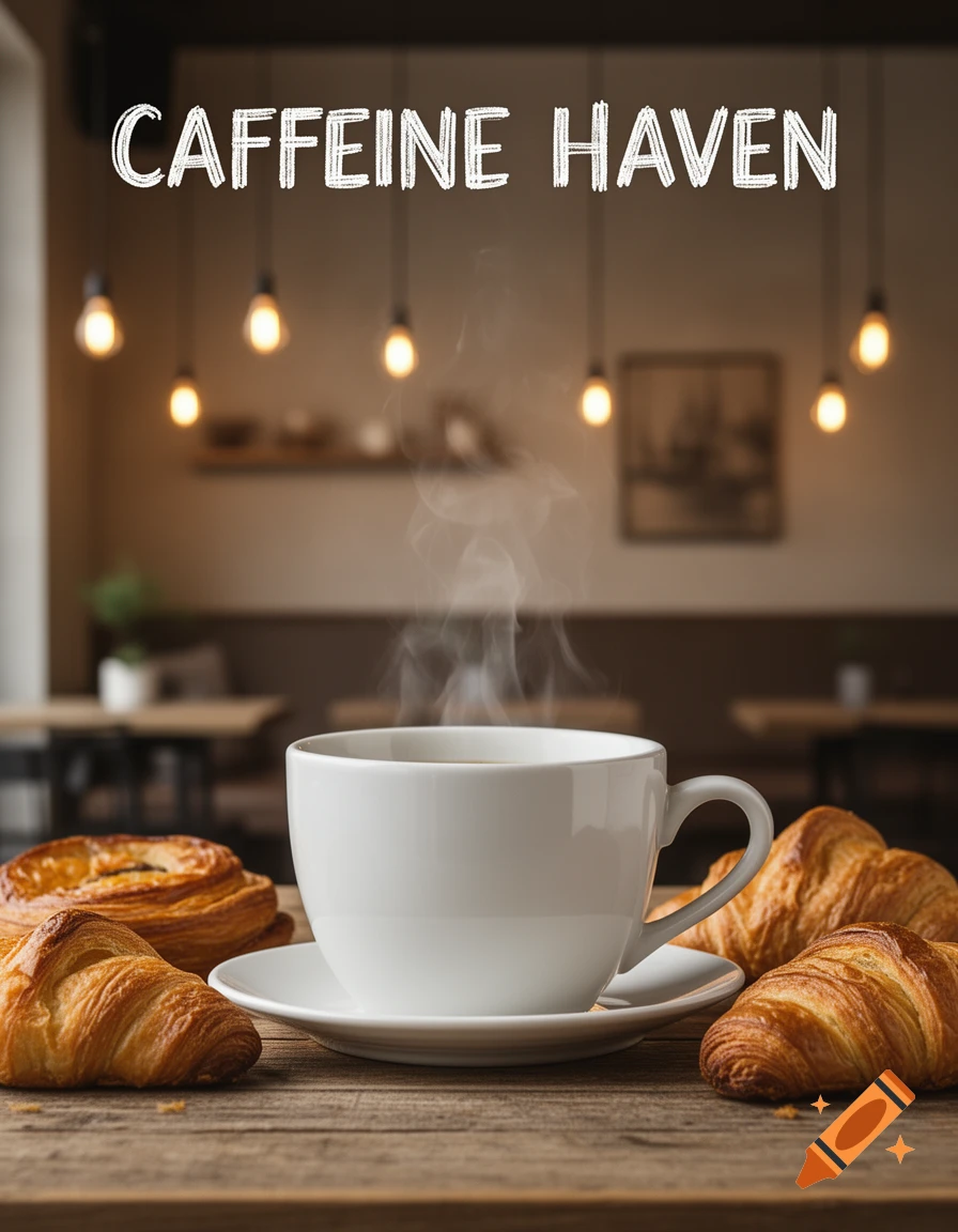A steaming white coffee cup with croissants on a wooden table, in a dimly lit cafe with 'CAFFEINE HAVEN' text above.
