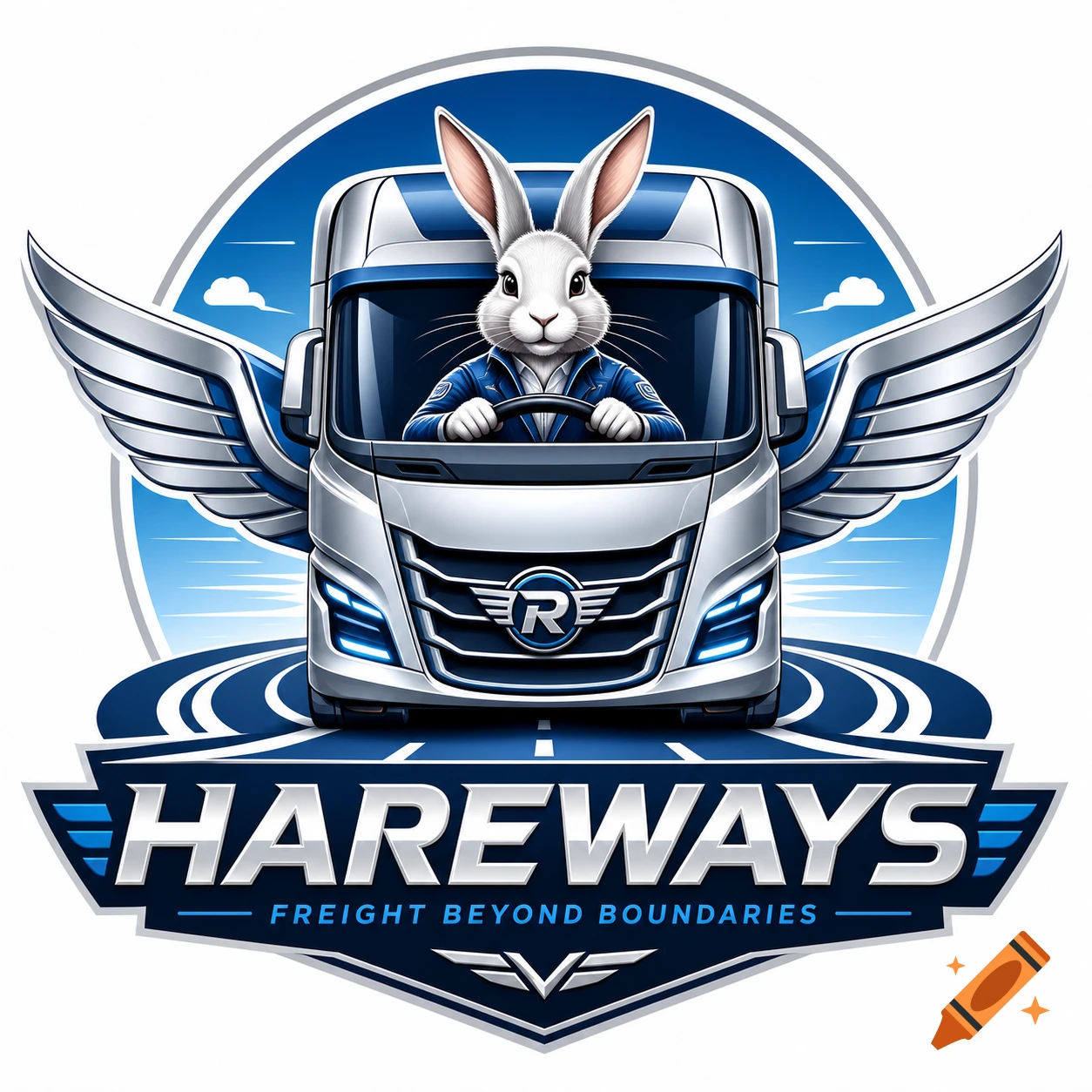 Blue and silver logo of a white rabbit driving a winged semi-truck, with text 'HAREWAYS' and 'FREIGHT BEYOND BOUNDARIES'.