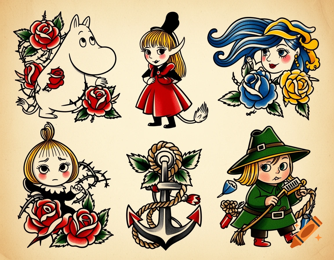 Six Moomin characters and an anchor depicted as colorful American traditional tattoo flash designs with roses and thorns on a beige background.
