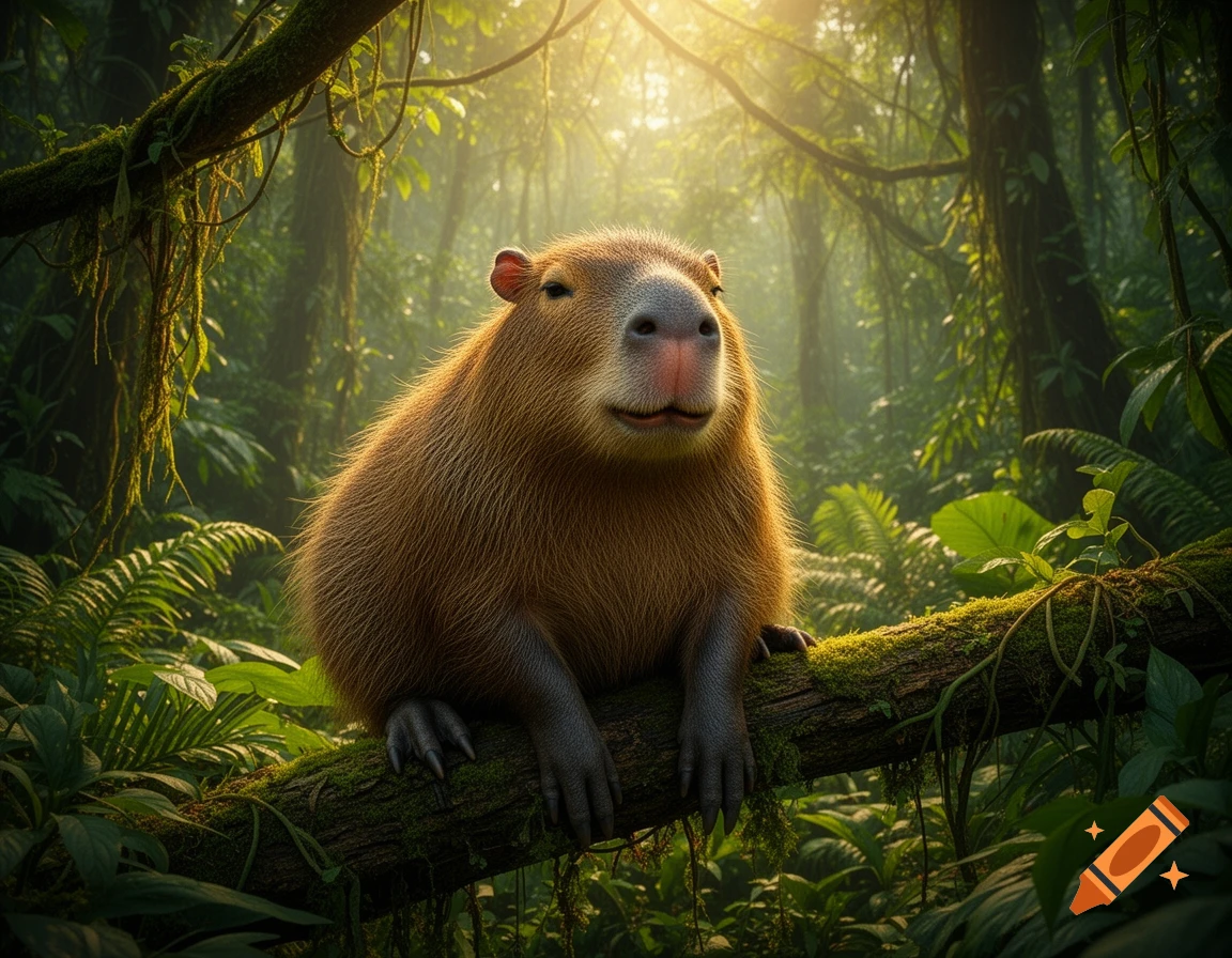 Photorealistic capybara-like creature with sloth features on a mossy log in a sunlit jungle.