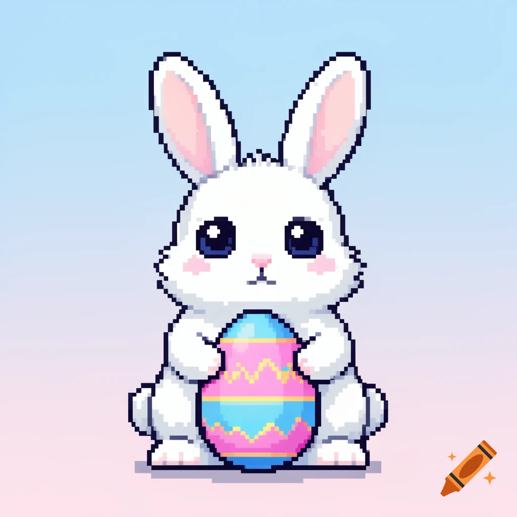 A cute white pixel art Easter bunny with large dark eyes holds a pink and blue patterned Easter egg against a soft blue and pink gradient background.