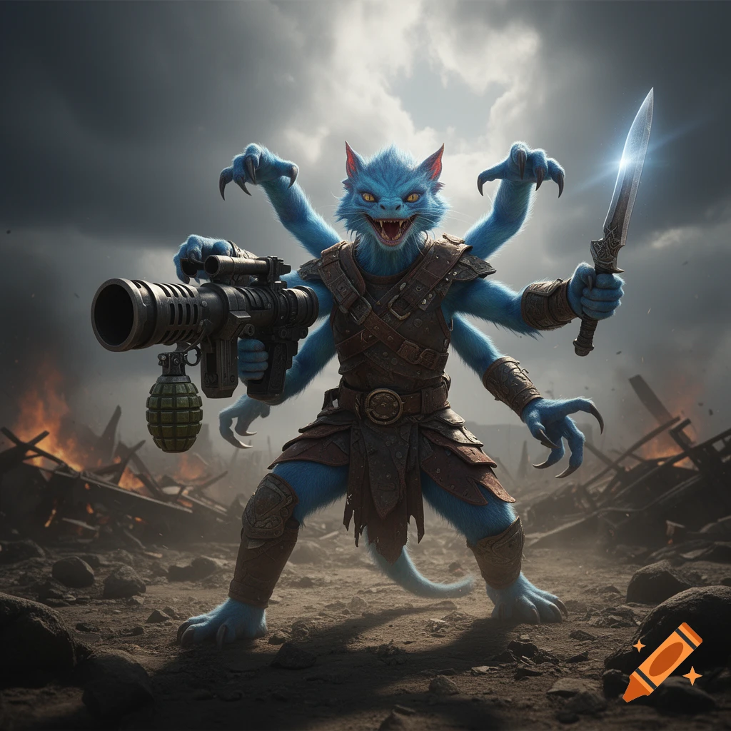 A six-armed blue cat-like warrior in armor holds a grenade launcher and a glowing sword in a war-torn landscape.