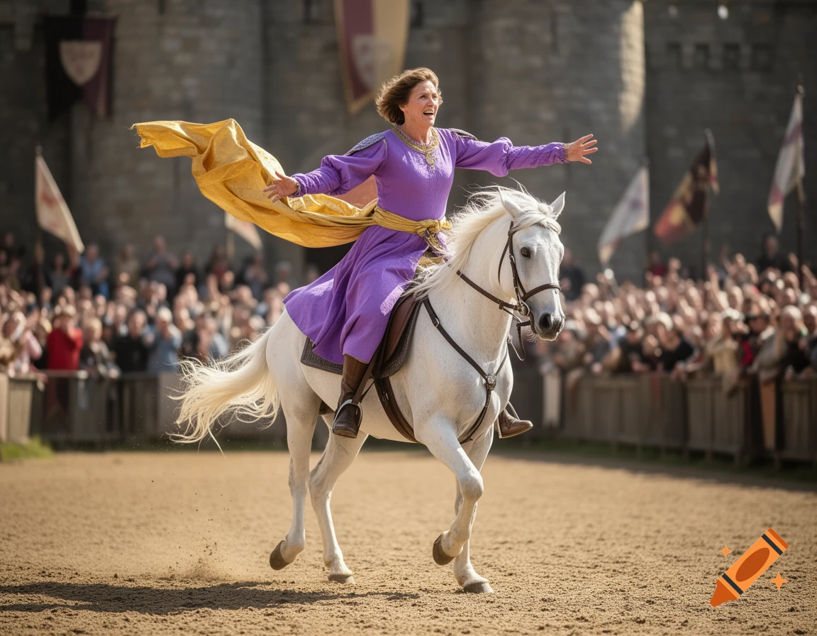 A woman in a purple gown and gold sash rides a white horse in a medieval arena, arms outstretched to a cheering crowd.