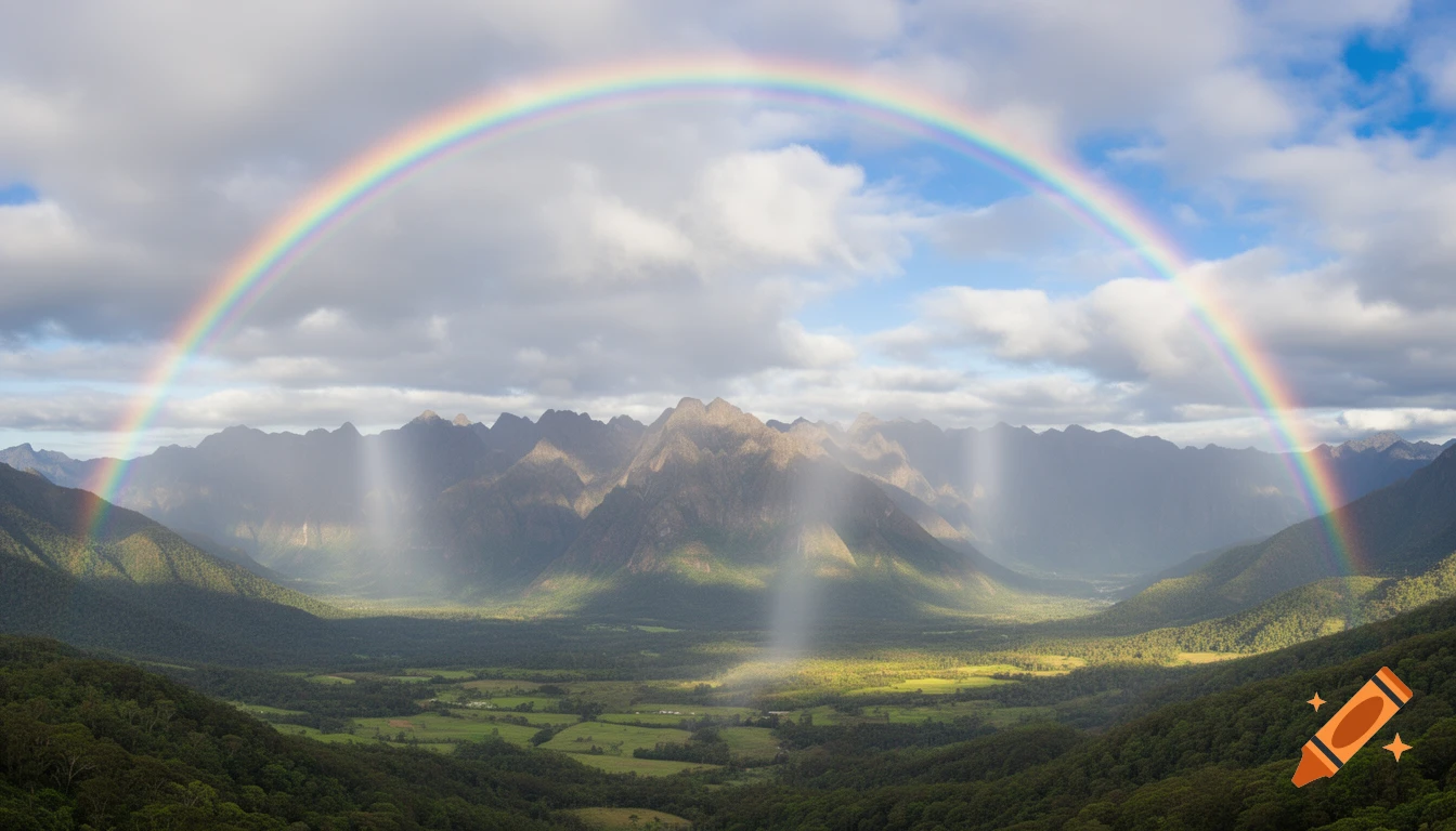 A vibrant rainbow arches over a lush green valley and rugged mountains, with sunbeams piercing through clouds.