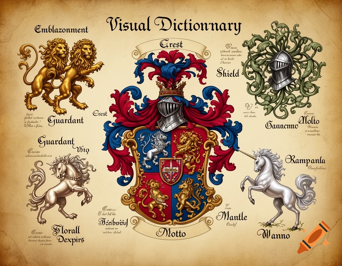A vintage-style visual dictionary page showcasing heraldic terms with illustrations of golden lions, a knight's helmet, a white unicorn, and a central coat of arms.