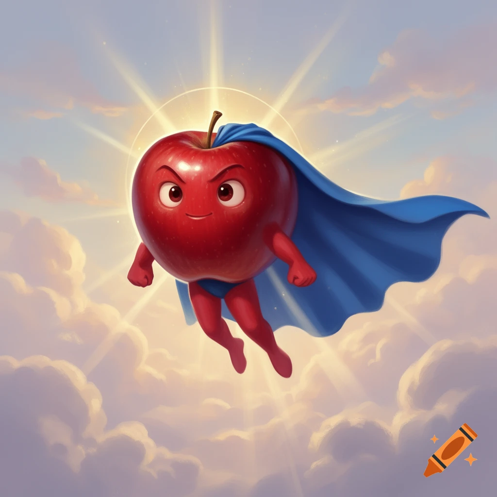 A cartoon red apple with a superhero mask, blue cape, and trunks, flying through a bright, cloudy sky with sunbeams.