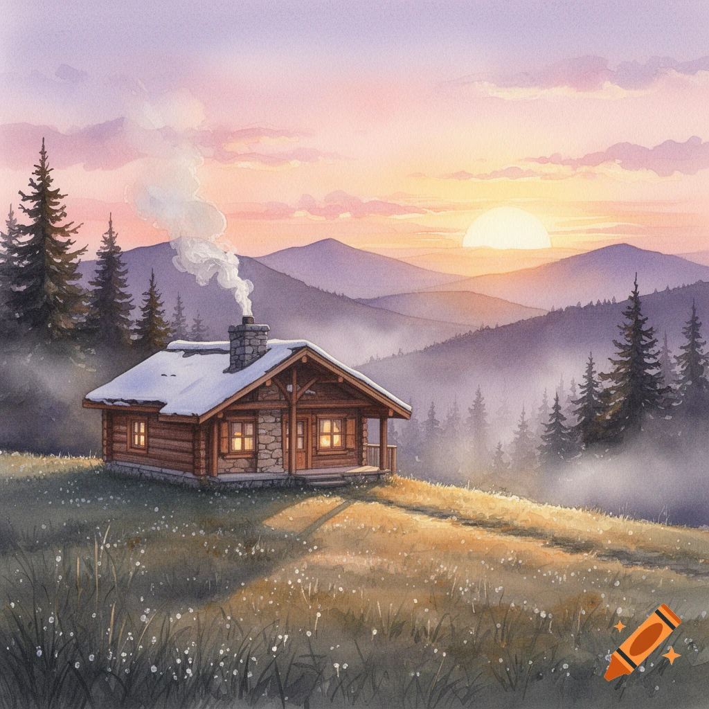 Watercolor of a snowy mountain cabin with smoke from the chimney at sunrise over misty mountains.