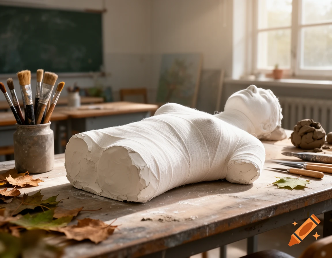 White plaster cast of a human torso wrapped in bandages on a wooden art studio table with brushes, clay, and autumn leaves.