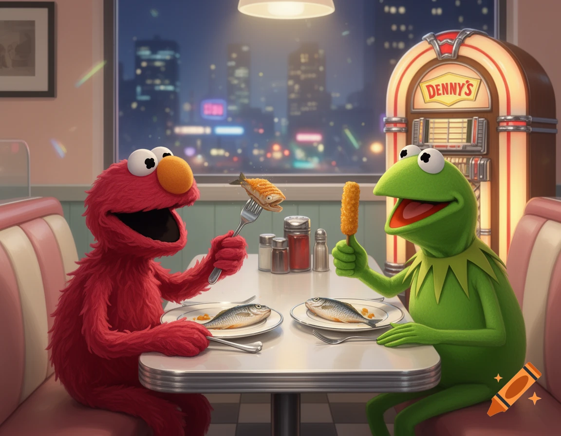 Elmo and Kermit the Frog happily eat fish and a corn dog at a retro diner table with a cityscape view at night.