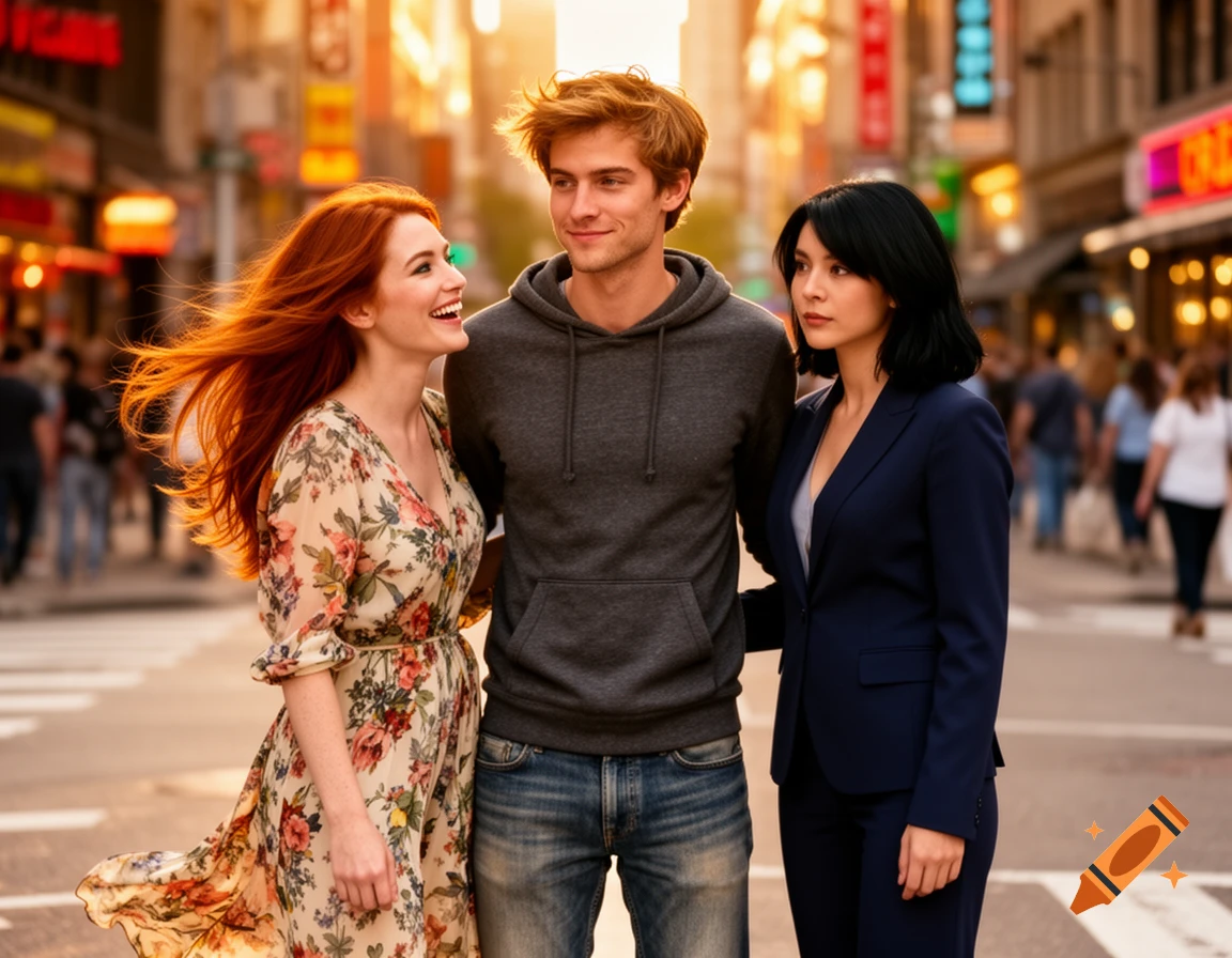 A man stands between two women on a bustling city street at sunset. The red-haired woman on the left smiles at him, while the dark-haired woman on the right looks away, photorealistic.