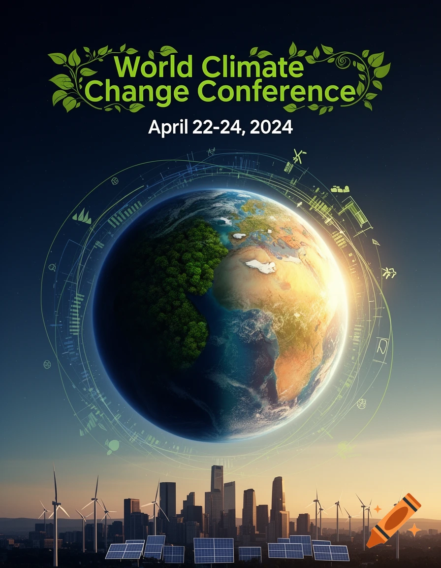A poster for the World Climate Change Conference featuring a vibrant Earth, a cityscape with wind turbines, and solar panels.