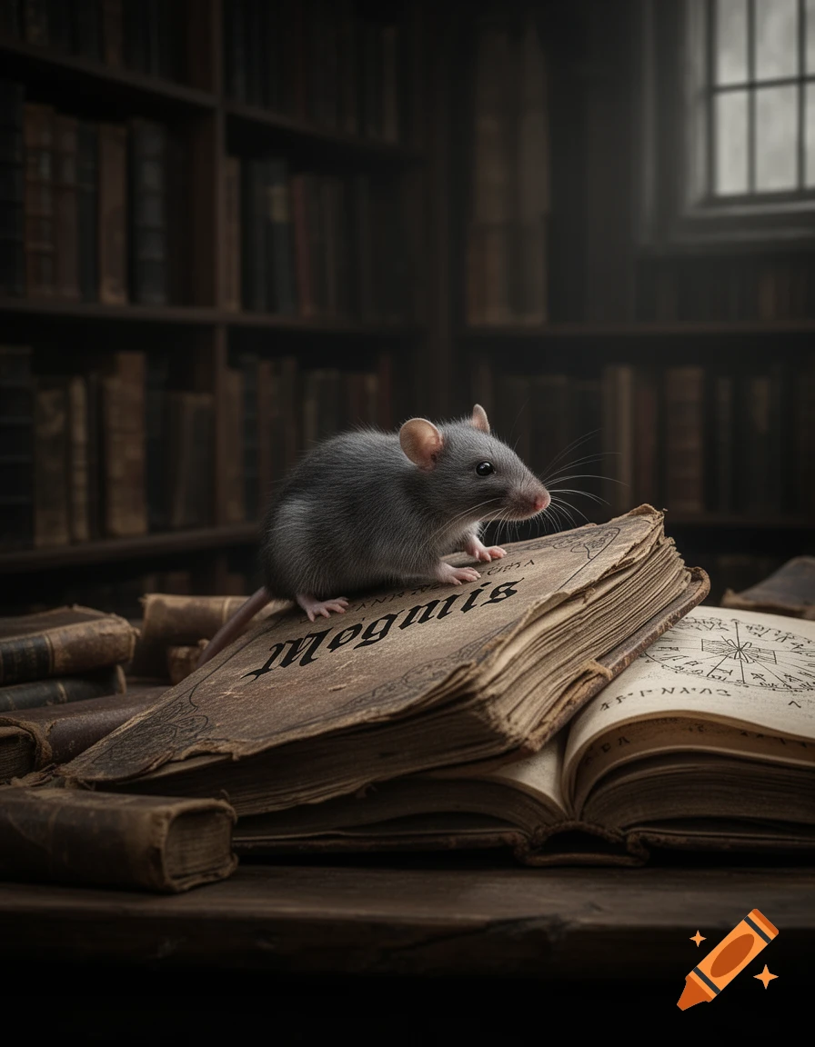 A photorealistic image of a small gray rat perched on an old, open book titled "Møgmis" on a wooden table in a dimly lit library.