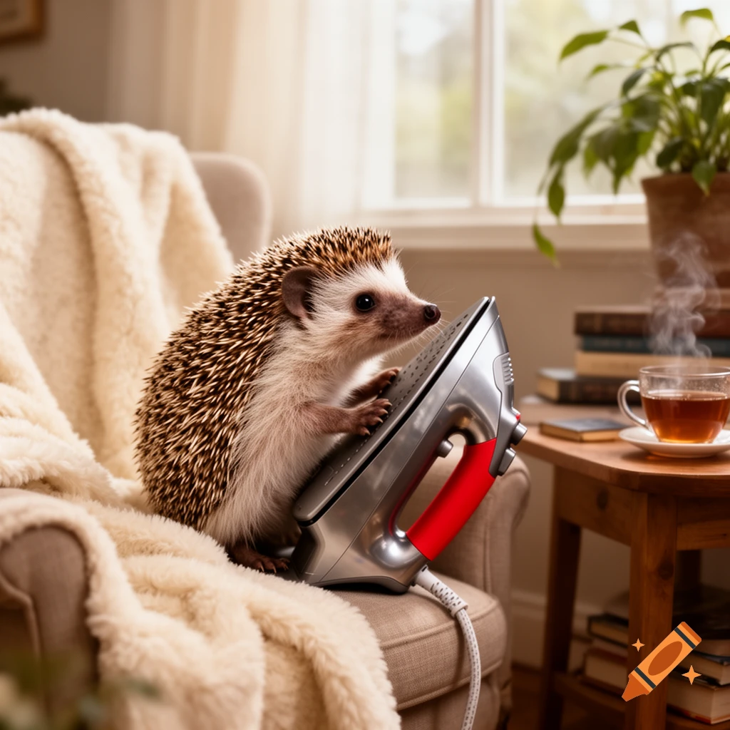 A small, photorealistic hedgehog sits on an armchair, holding an iron next to a cozy table with tea and books.