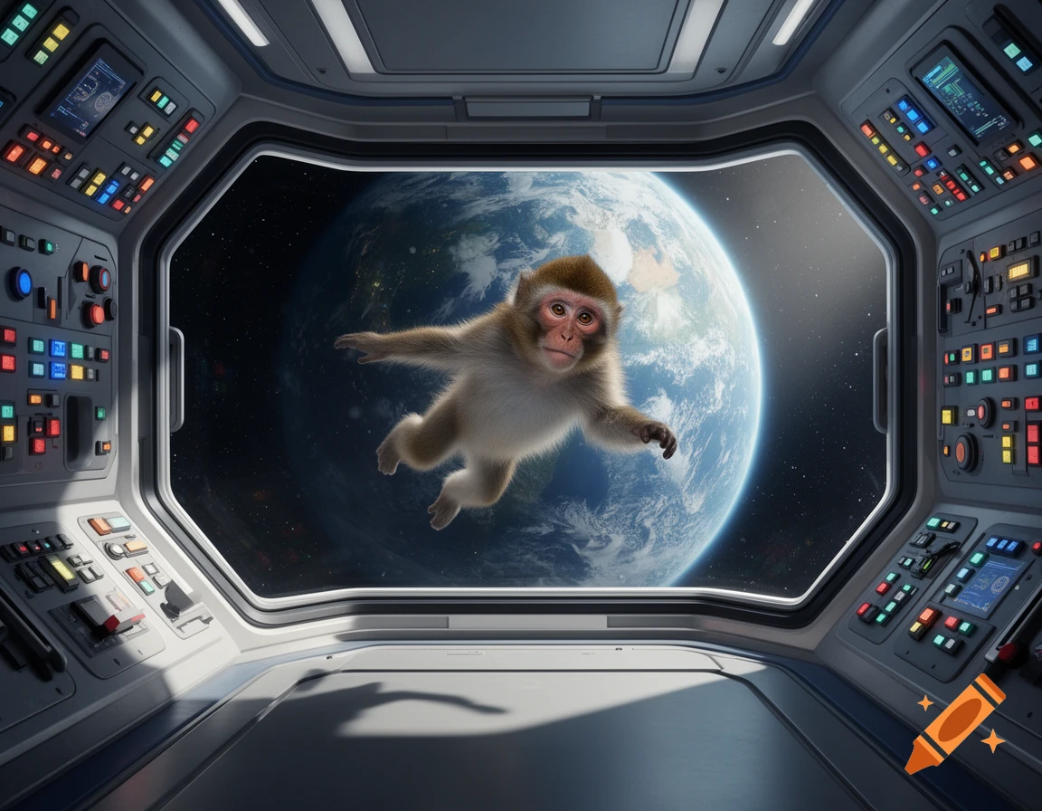 A photorealistic monkey floats weightlessly inside a spaceship cockpit, looking out a window at Earth.