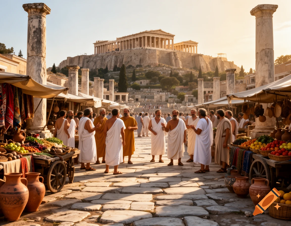 A photorealistic depiction of an ancient Greek market scene in the Athenian Agora with people and stalls, with the Acropolis in the background.