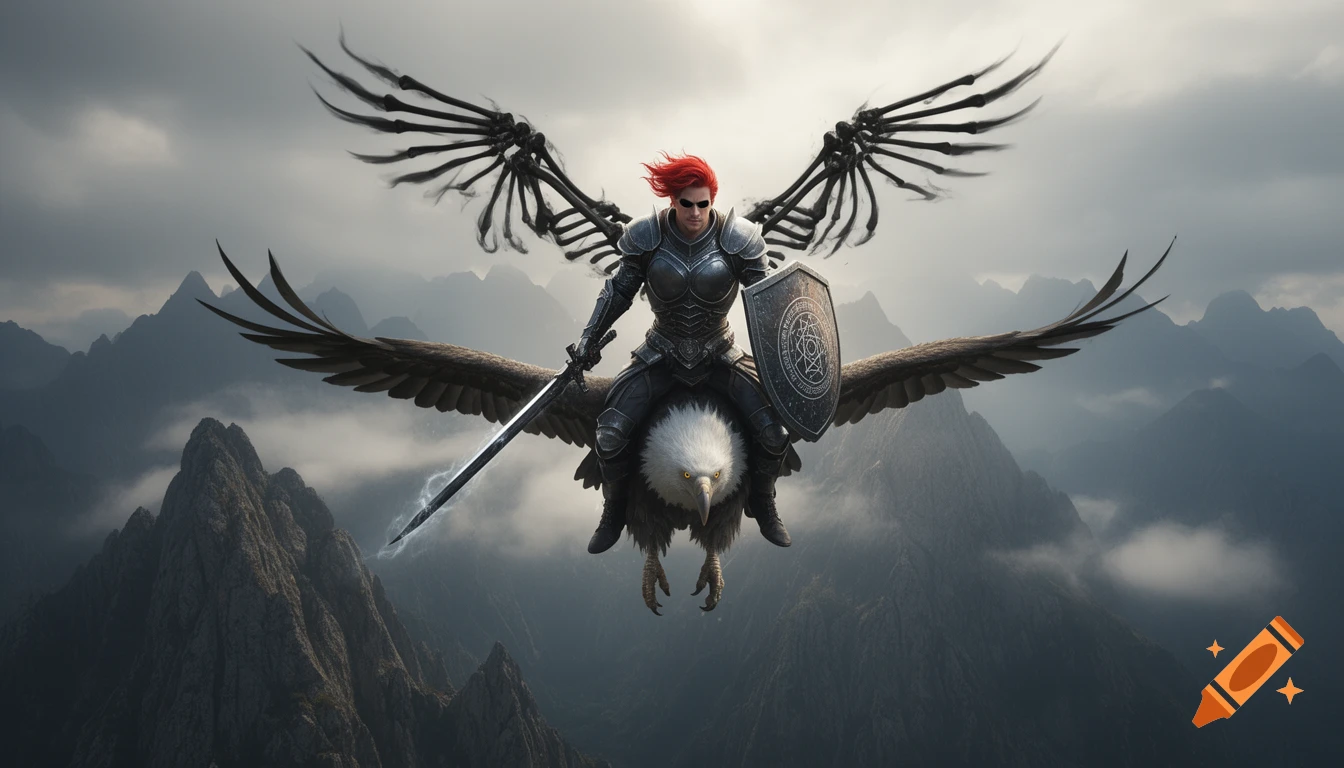 A male warlock with red hair, skeletal wings, armor, sword, and shield rides a large eagle over mountains.