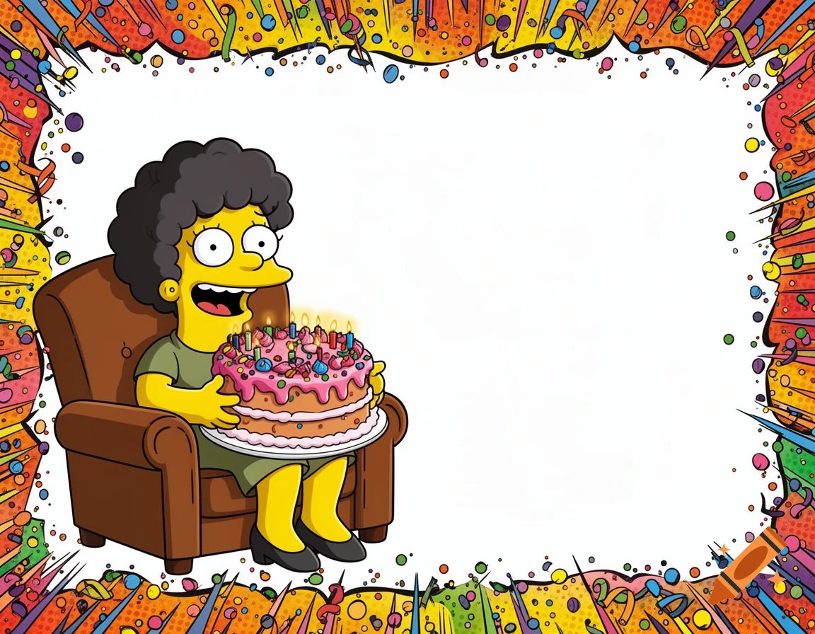 Simpsons-style Roseanne character holding a birthday cake, surrounded by a vibrant pop art frame with confetti. White space in center for text.
