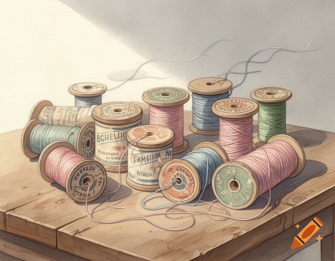 Watercolor illustration of many colorful vintage spools of thread on a wooden table, with loose strands.