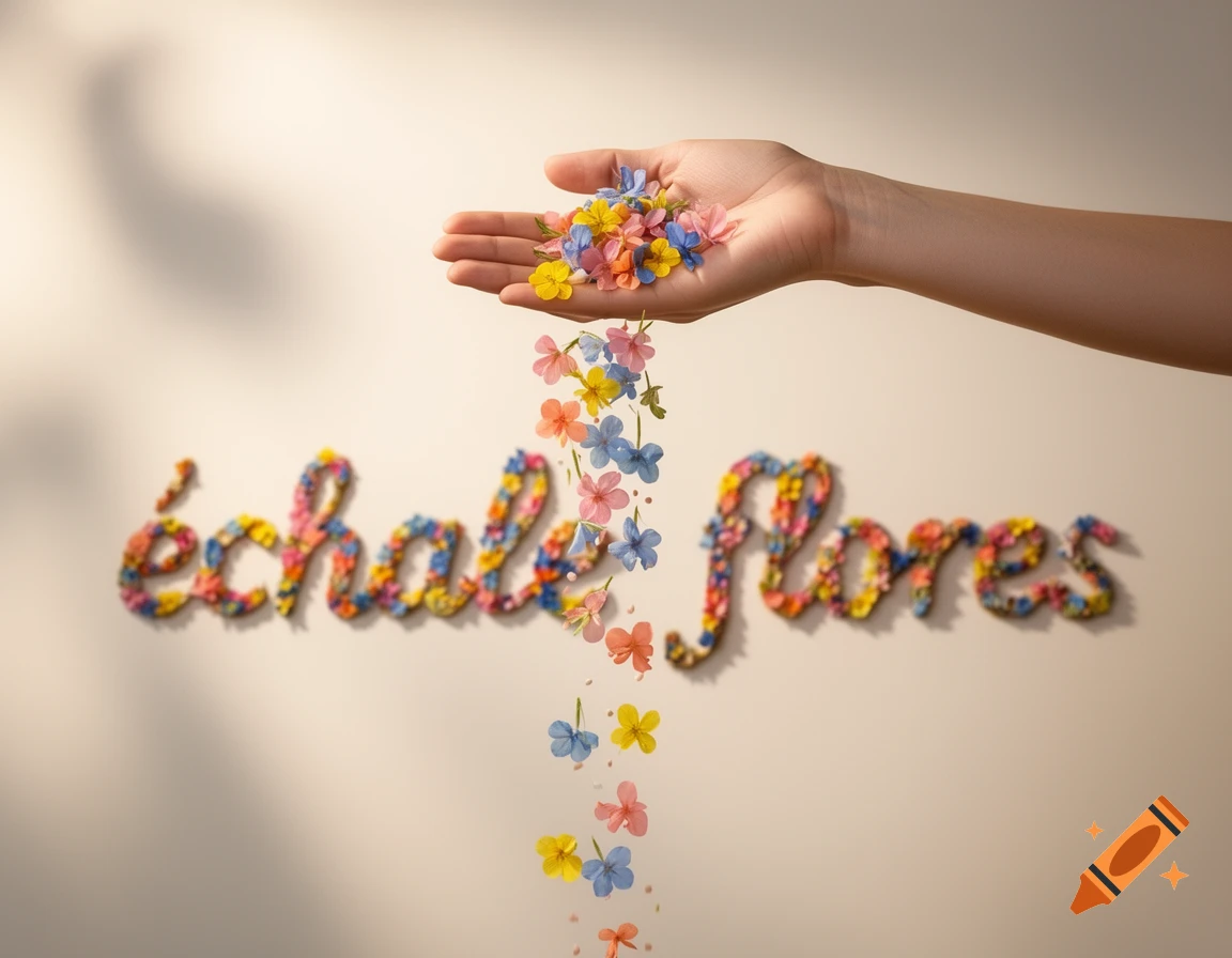 A hand sprinkles colorful flowers onto the phrase 'échale flores' (throw flowers), formed by blossoms.