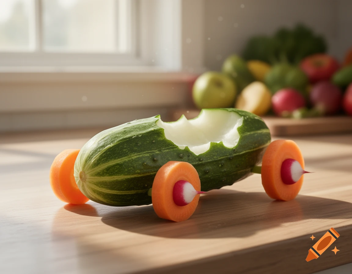 A playful image of a cucumber modified into a toy car with carrot wheels and radish axles, on a wooden kitchen counter.