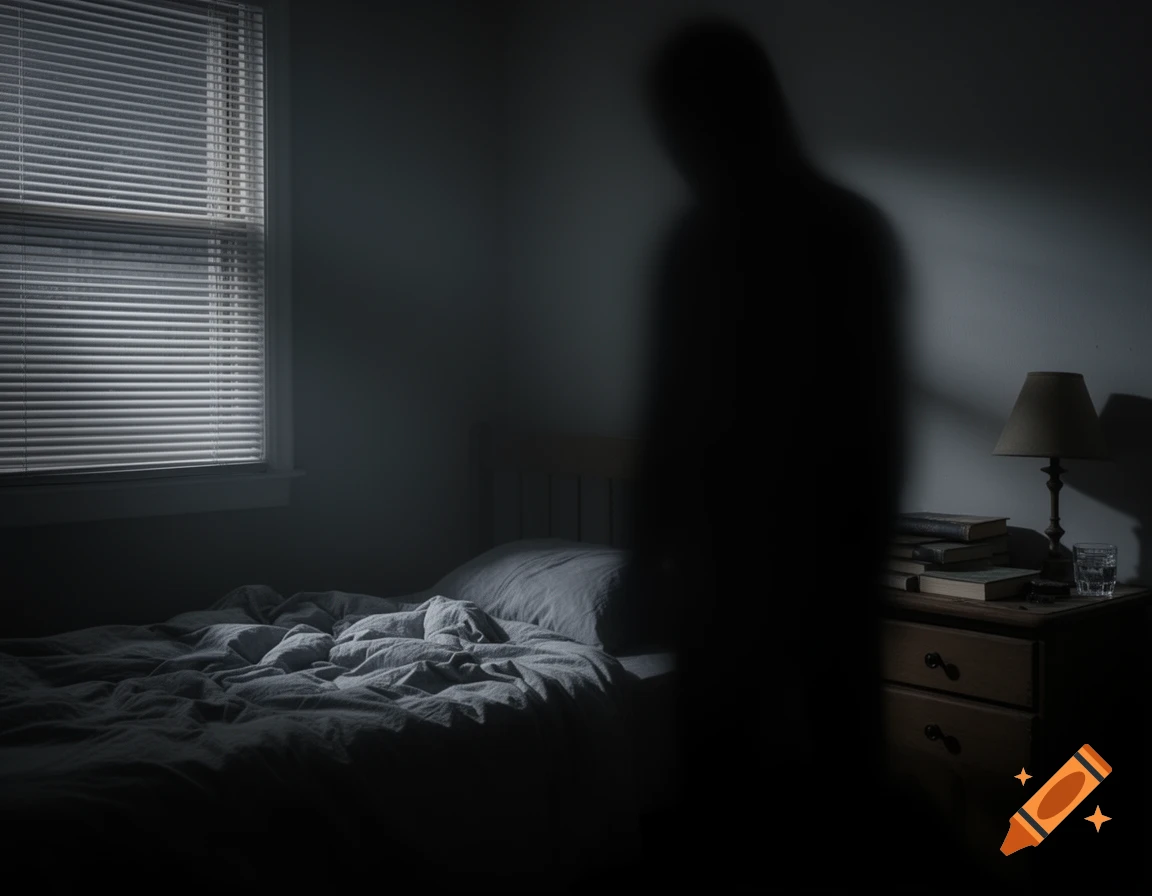 A dark, eerie bedroom scene with a blurry, shadowy figure standing by a bed, illuminated by light from a window.