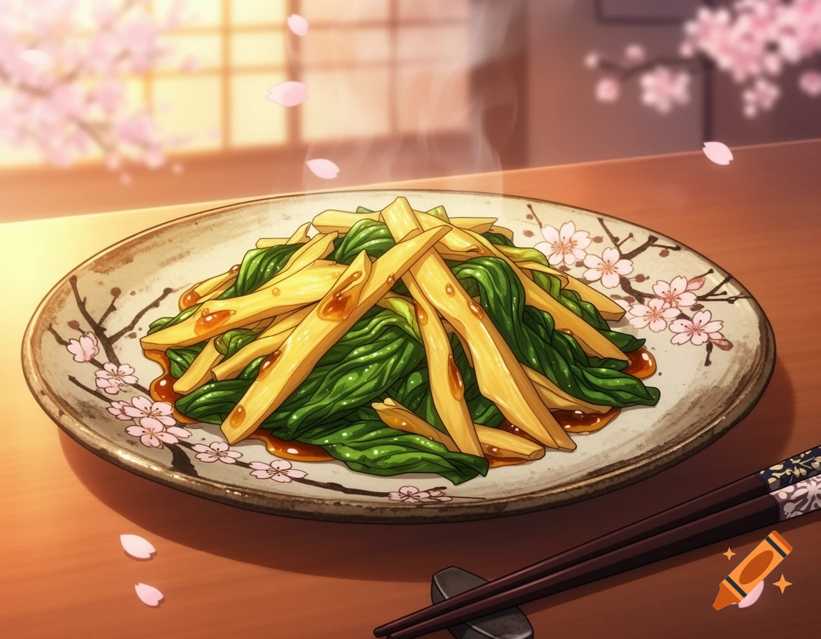 Anime illustration of steaming stir-fried greens and bamboo shoots on a cherry blossom plate with chopsticks, against a blurred sakura background.