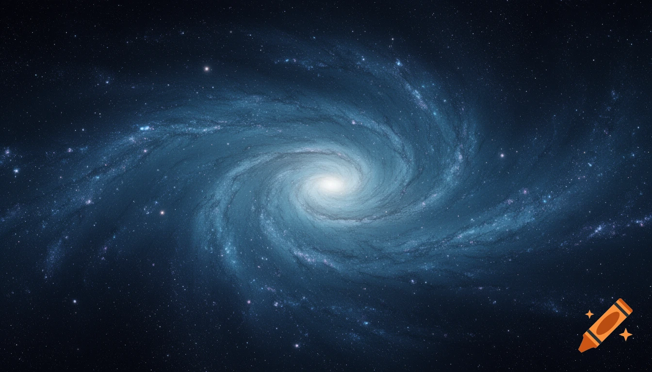 A vibrant blue spiral galaxy with a bright core against a dark, star-filled cosmic background.