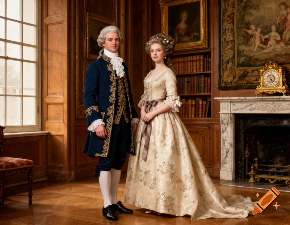 Photorealistic full shot of a man and woman in 18th-century formal attire standing in an elegant wood-paneled room.