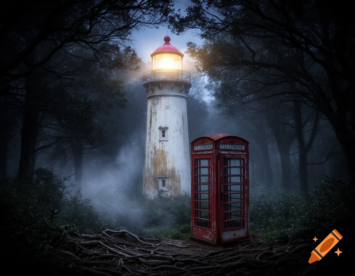A glowing white lighthouse and a red telephone booth stand in a dark, misty forest with exposed tree roots, creating an eerie scene.