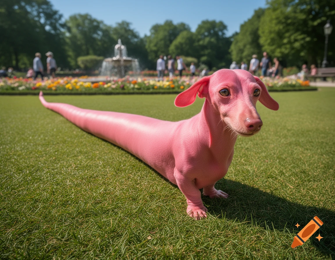A very long, bright pink dachshund dog with a short body and an extremely long tail-like midsection, stretching across green grass in a sunny park.