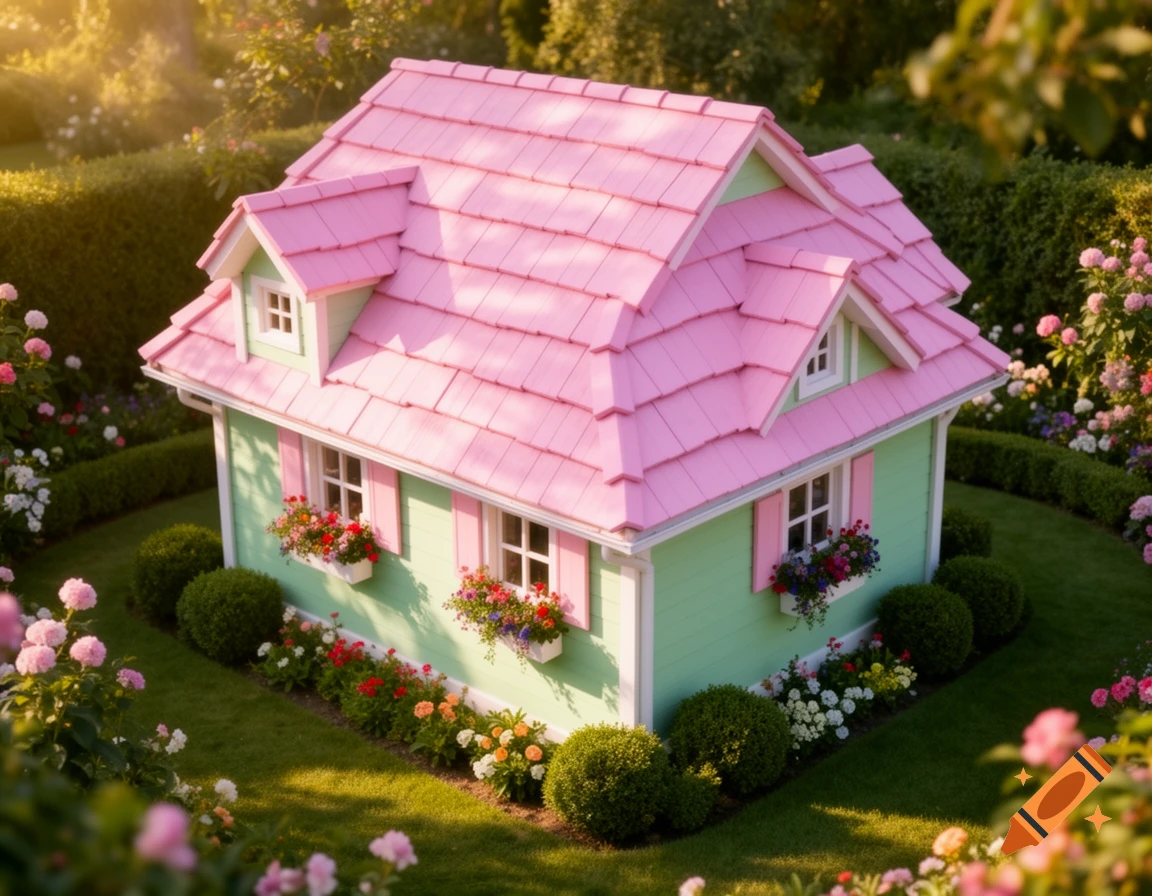 A whimsical pastel green cottage with a bright pink roof, surrounded by a lush blooming garden under golden sunlight.