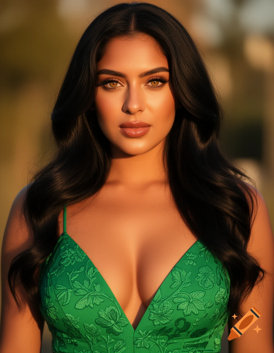 Close-up portrait of a beautiful tan-skinned woman with black wavy hair, hazel eyes, and plump lips, wearing a green floral dress.