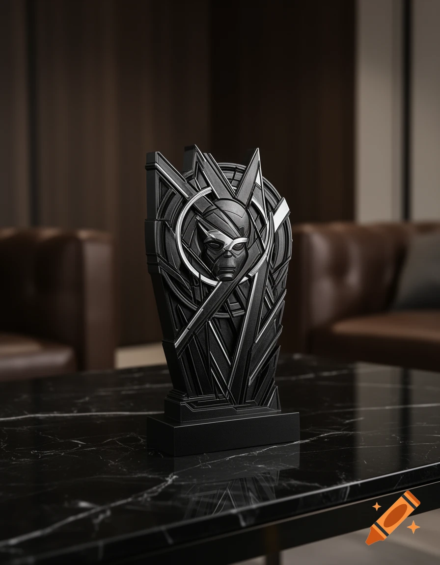 A sleek, black, stylized Marvel-themed decoration featuring a masked face, set on a dark marble tabletop.
